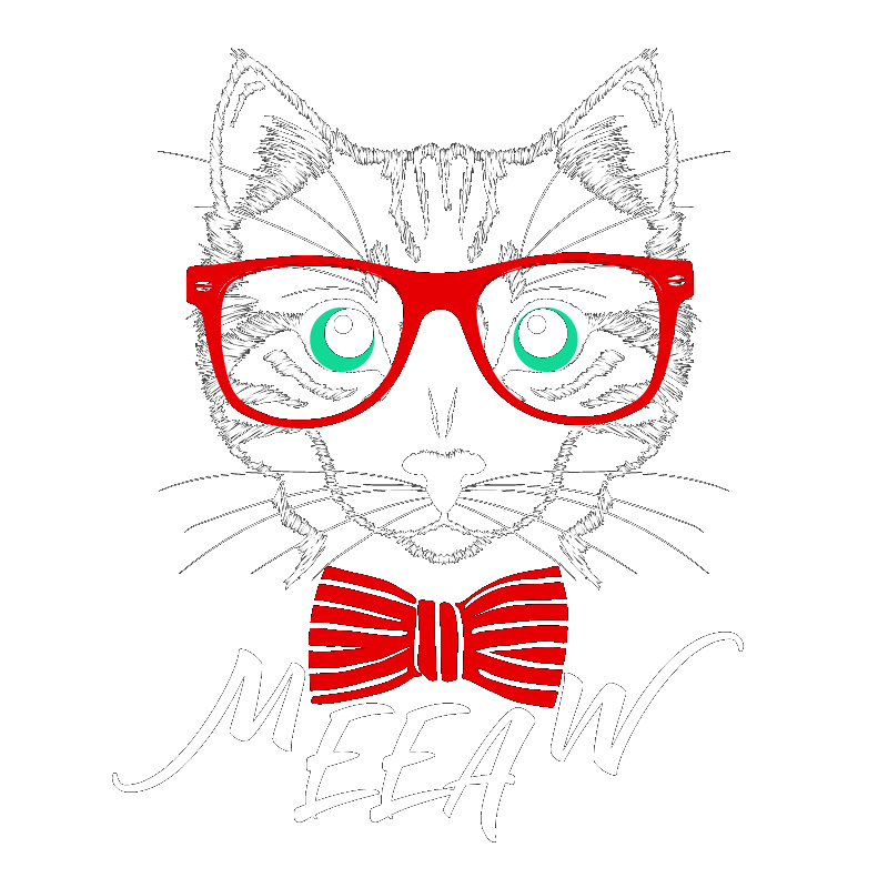 Meeaw: gato branco com óculos vermelhos, olhos verdes e gravata vermelha